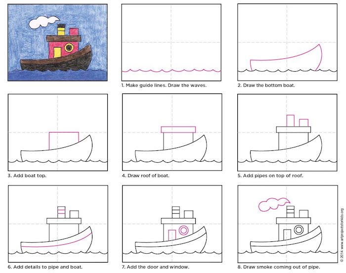 step by step diy tutorial, how to draw a tugboat in eight steps, how to draw for kids, colored drawing