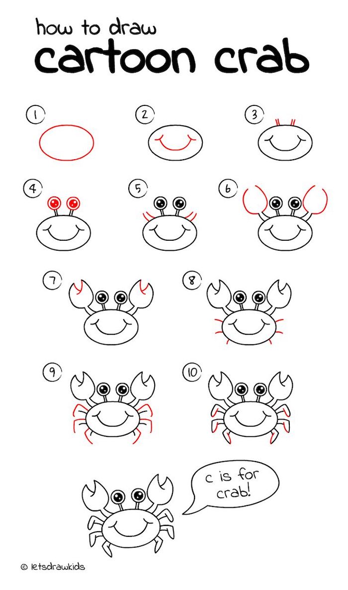 how to draw cartoon crab in ten steps, how to draw for kids, step by step diy tutorial, black and white sketch