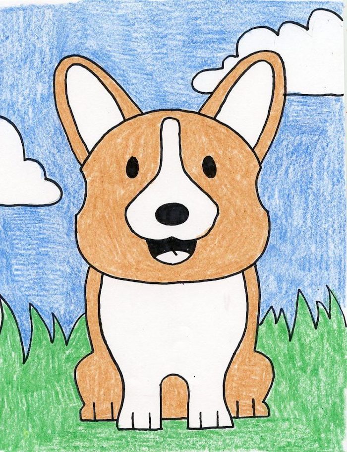 drawing of a corgi, sitting on grass, blue sky in the background, easy sketches to draw, drawing colored with crayons