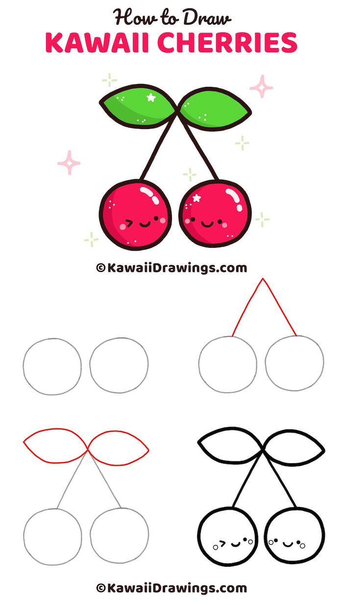 easy sketches to draw, how to draw kawaii cherries in four steps, step by step diy tutorial, white background