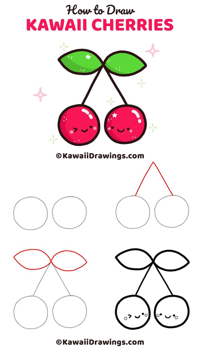 fácil esboços para desenhar, como desenhar kawaii cerejas em quatro etapas, passo a passo, tutorial diy, fundo branco