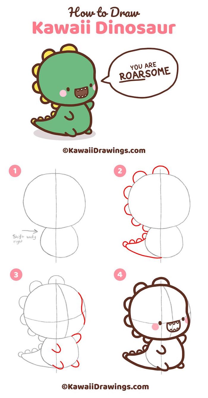 step by step diy tutorial, easy sketches to draw, how to draw kawaii dinosaur in four steps, white background