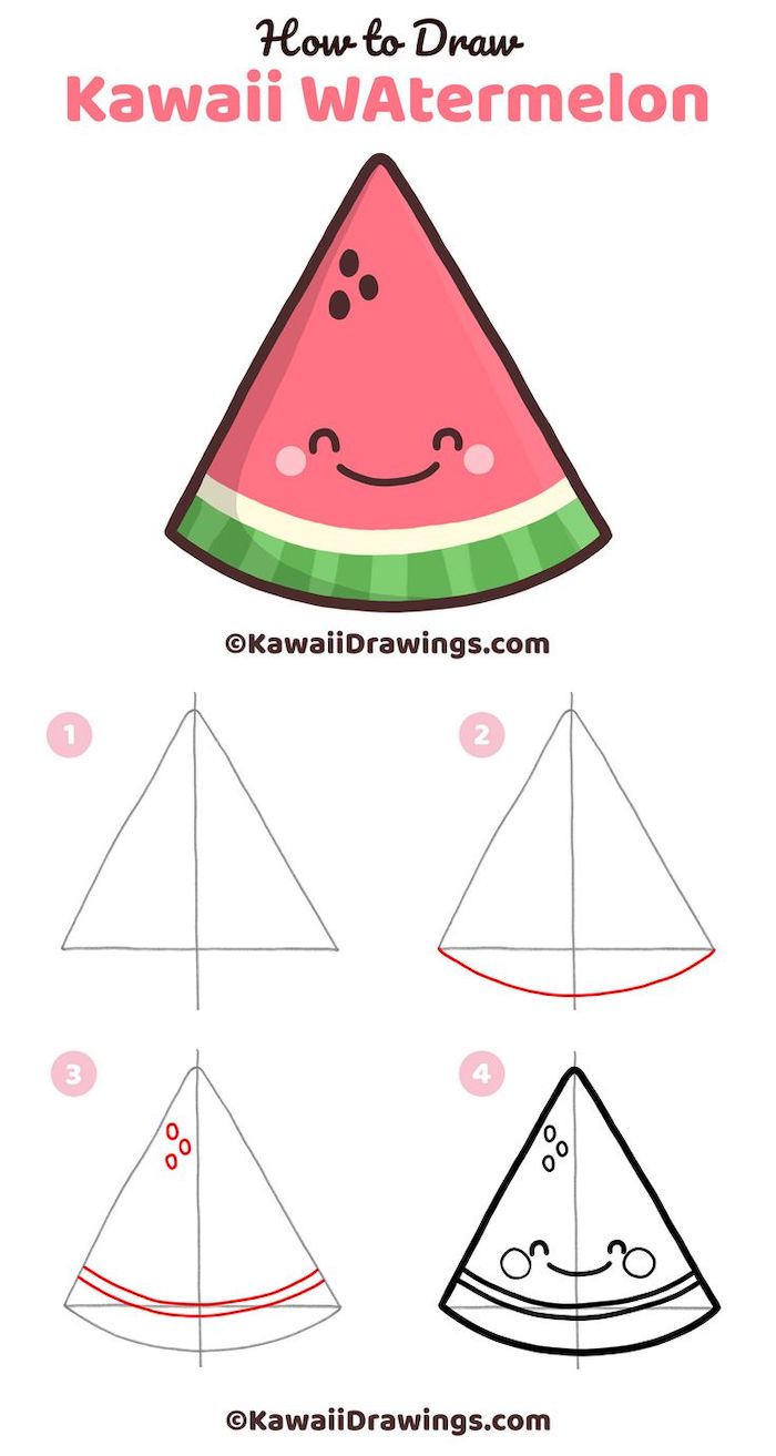 como desenhar kawaii melancia em quatro etapas, fácil desenhos para desenhar, passo a passo, tutorial diy, de fundo branco, desenho criativo de ideias para iniciantes