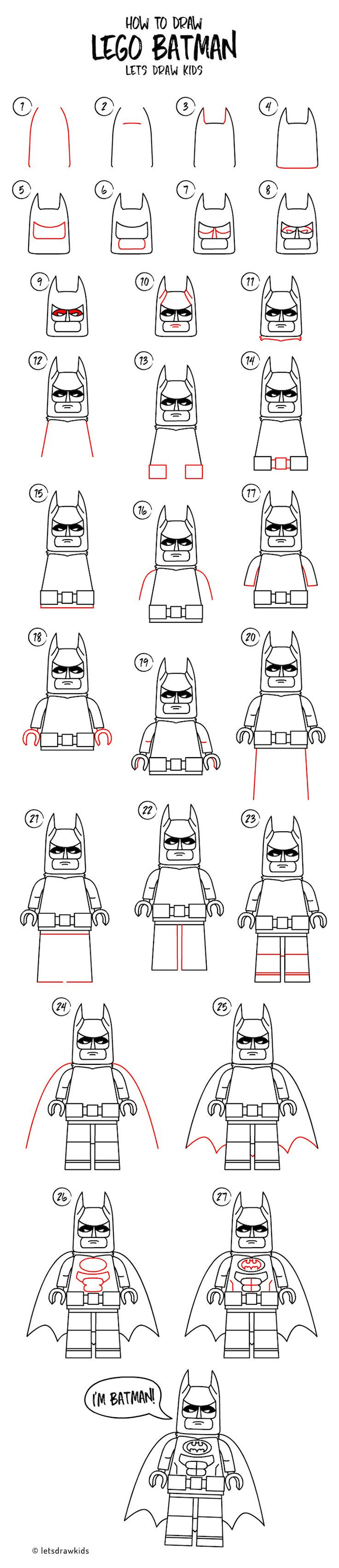easy drawing tutorials, how to draw lego batman in twenty seven steps, step by step diy tutorial, black and white sketch