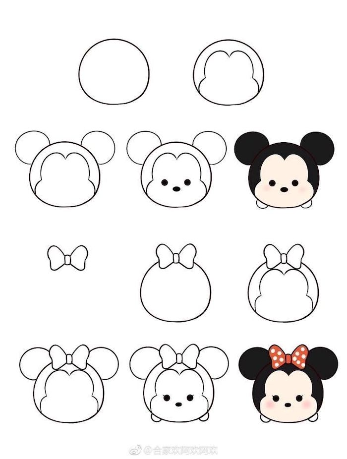 how to draw mickey and minnie mouse, easy drawing tutorials, step by step diy tutorial, white background