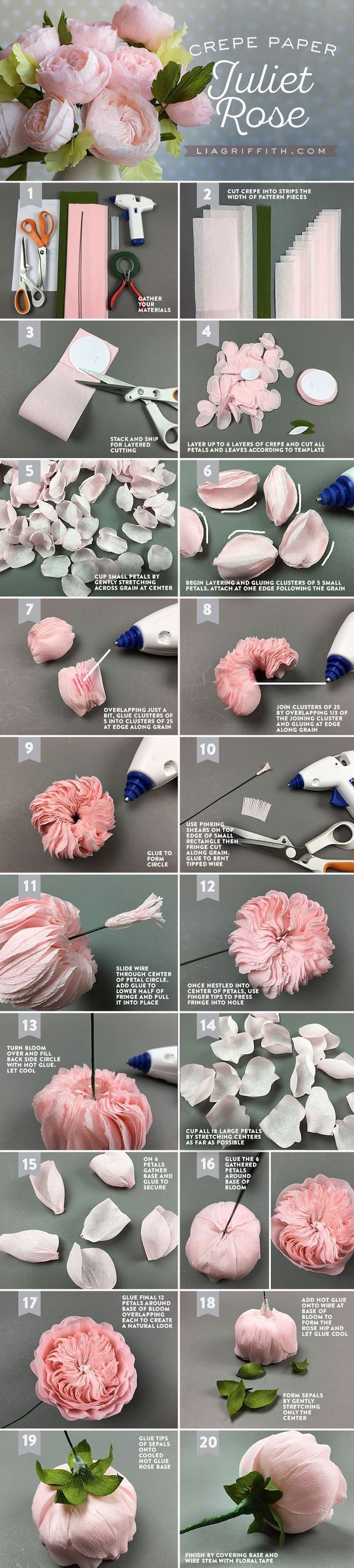 how to make a juliet rose out of crepe paper, crepe paper flowers, photo collage of step by step diy tutorial