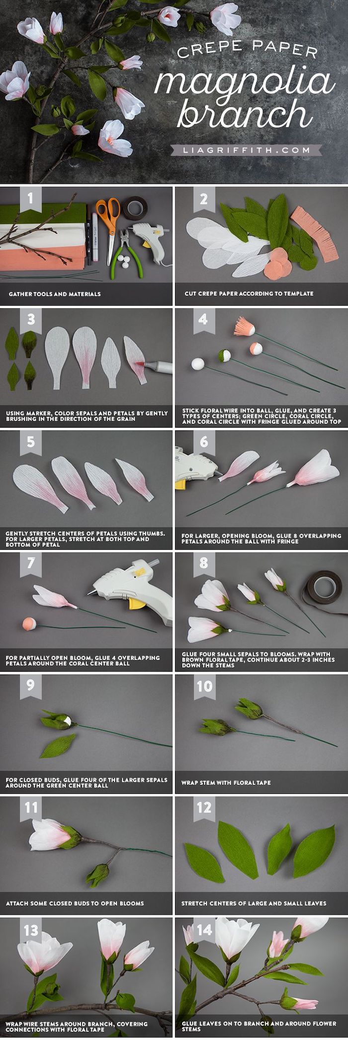 how to make a magnolia branch out of crepe paper, photo collage of step by step diy tutorial, crepe paper flowers