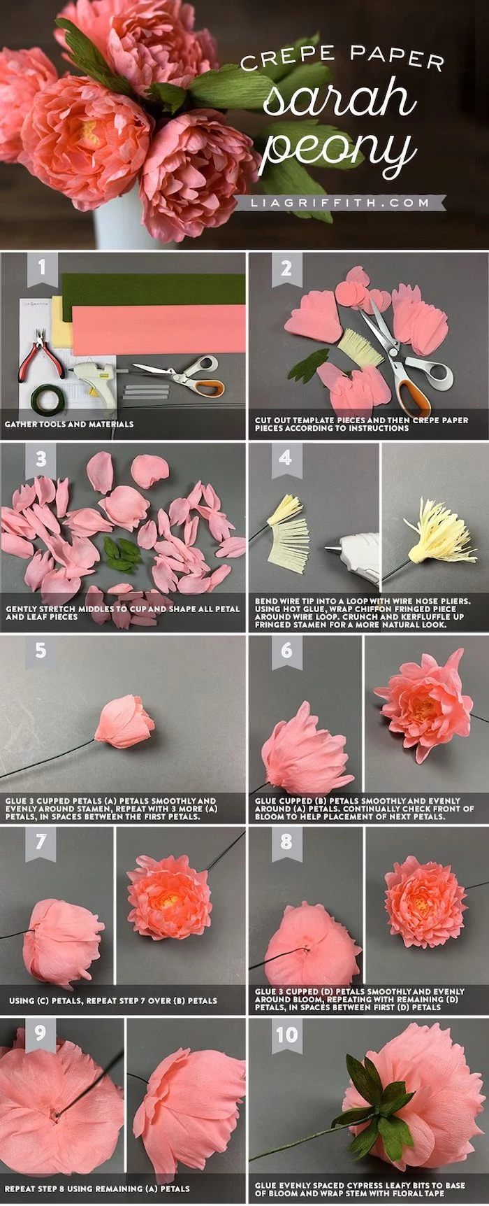 photo collage of step by step diy tutorial, crepe paper flowers, how to make a sarah peony out of crepe paper