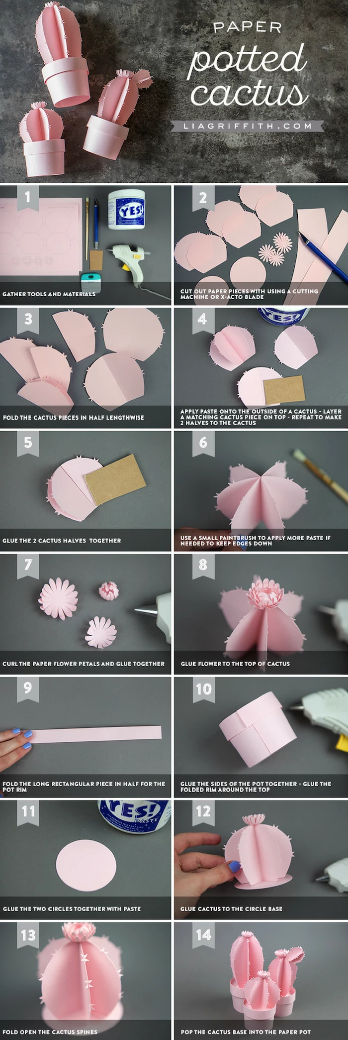 free paper flower templates, photo collage of step by step diy tutorial, how to make a potted cactus out of paper
