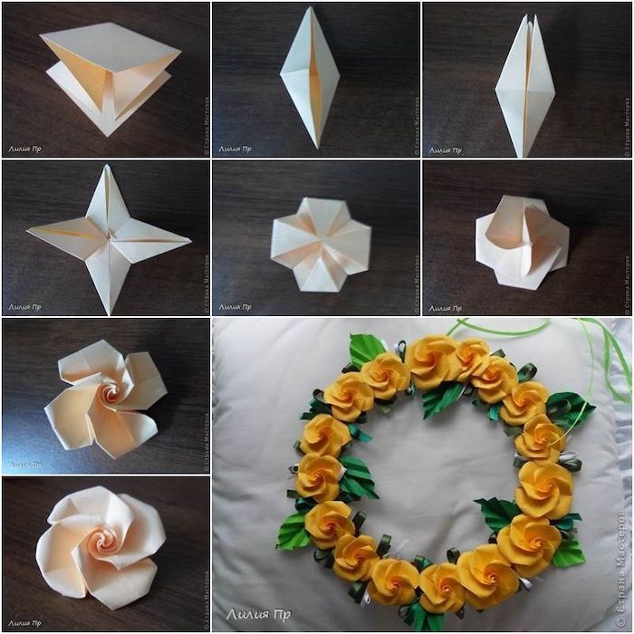 how to make a paper roses wreath, free paper flower templates, photo collage of step by step diy tutorial