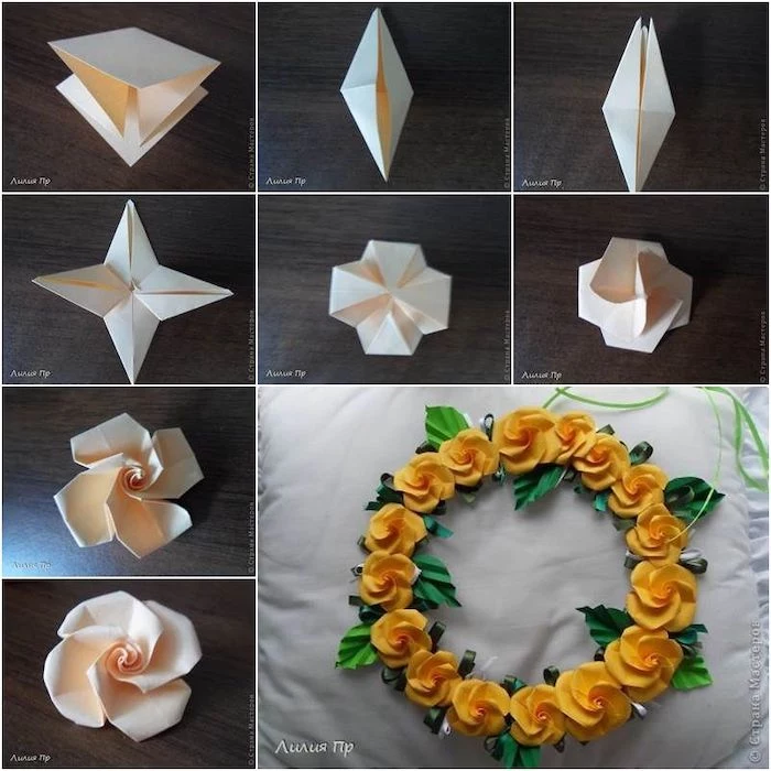 how to make a paper roses wreath, free paper flower templates, photo collage of step by step diy tutorial