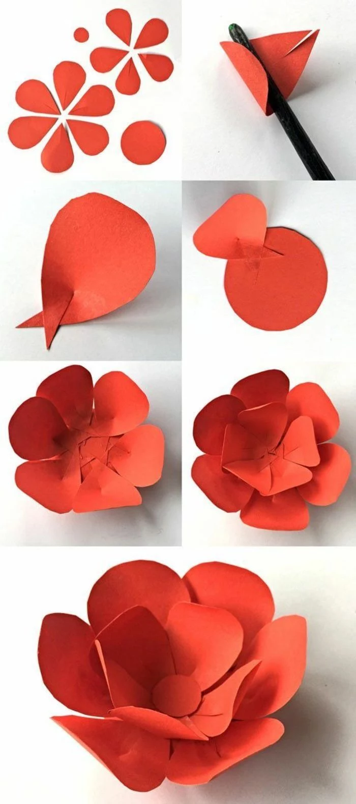 photo collage of step by step diy tutorials, free paper flower templates, how to make a small paper flower