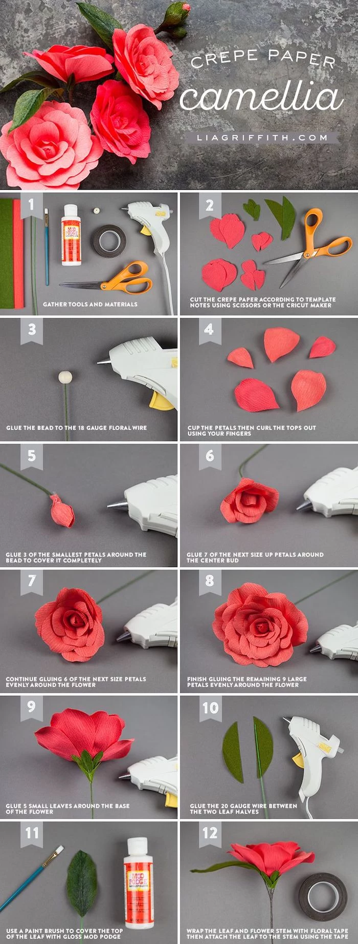 how to make flowers out of paper, how to make camellia flower out of crepe paper, photo collage of step by step diy tutorial