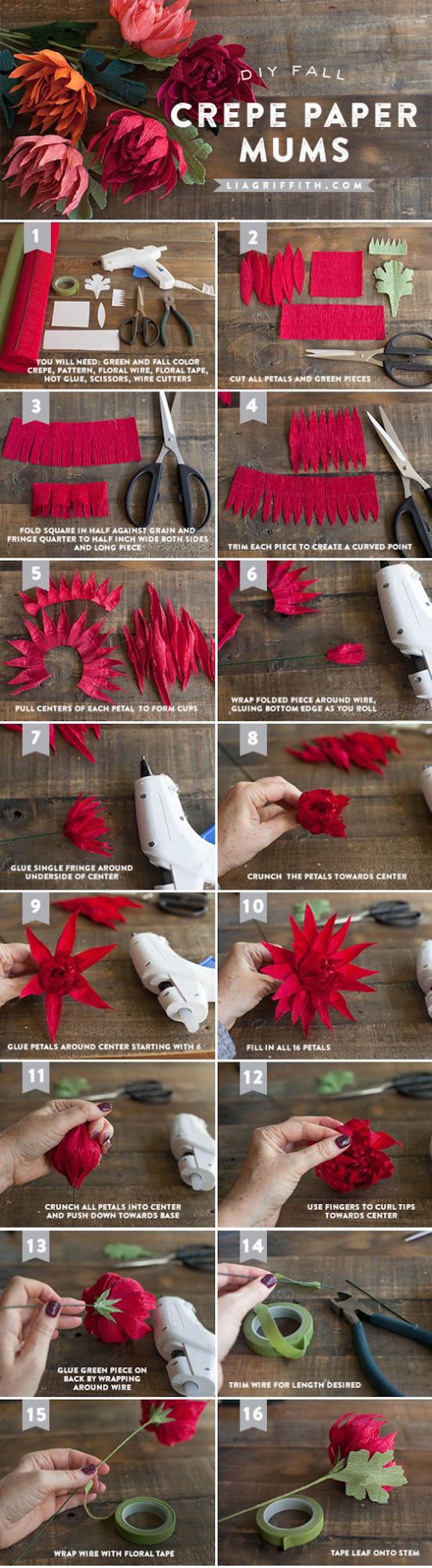 how to make mums out of crepe paper, photo collage of step by step diy tutorial, how to make flowers out of paper
