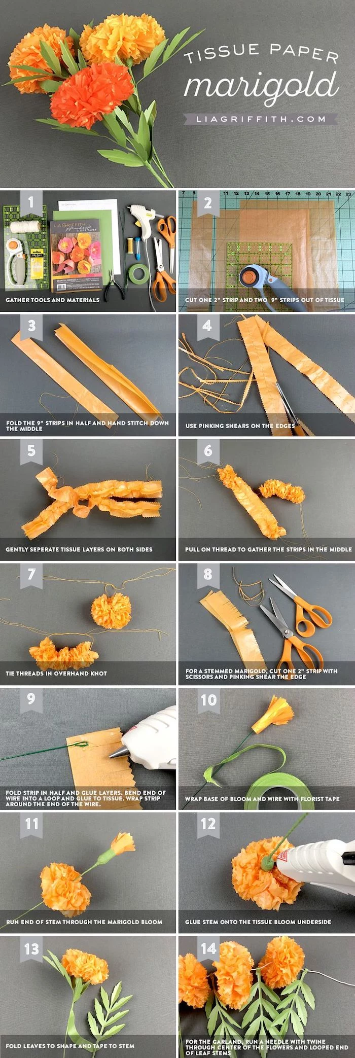 how to make marigold flowers out of crepe paper, photo collage of step by step diy tutorial, how to make flowers out of paper