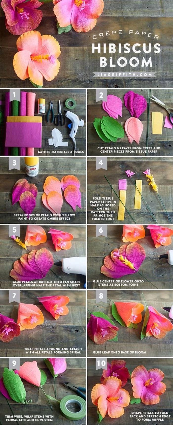 photo collage of step by step diy tutorial, paper flower decorations, how to make hibiscus bloom out of crepe paper