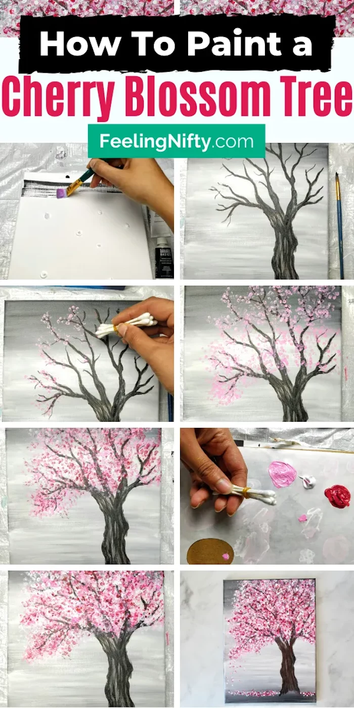 how to paint a cherry blossom tree, acrylic painting techniques, photo collage of step by step diy tutorial