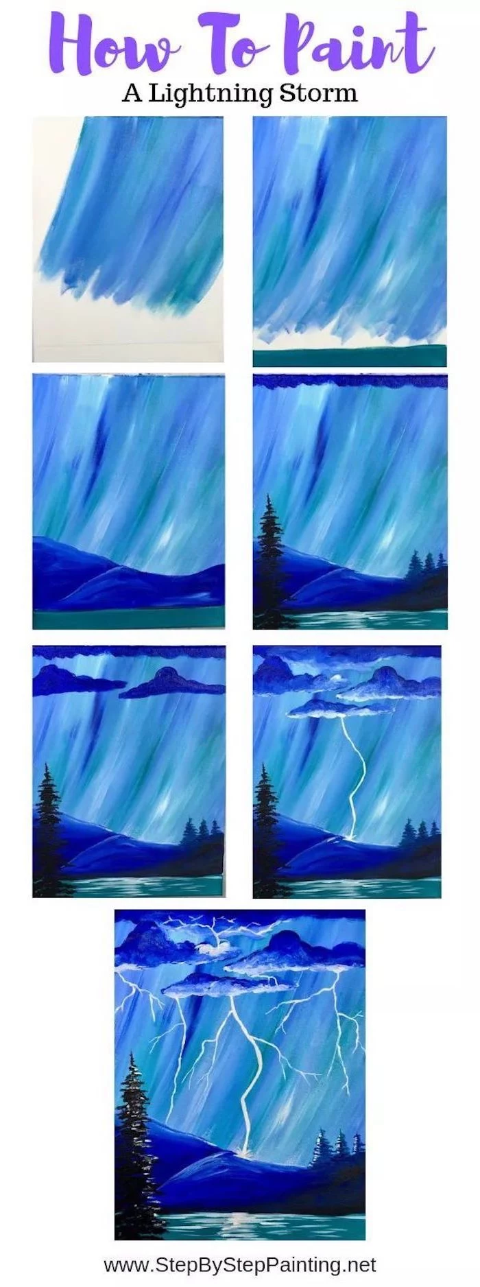 acrylic painting techniques, how to paint a lightning storm, photo collage of step by step diy tutorial, step by step acrylic painting tutorial