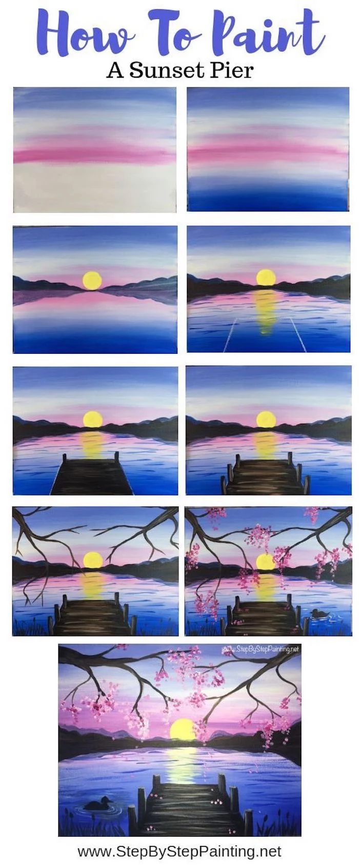 how to paint a sunset pier, photo collage of step by step diy tutorial, acrylic painting techniques