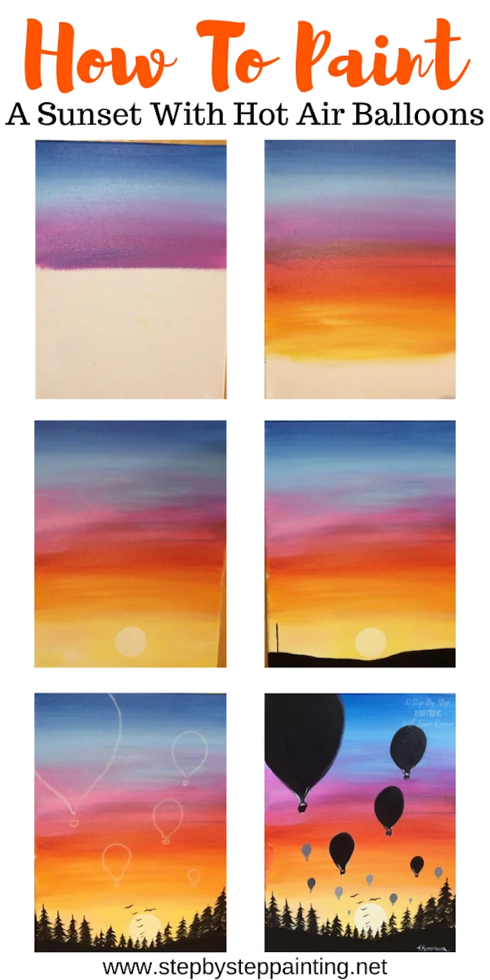 photo collage of step by step diy tutorial, acrylic painting techniques, how to paint a sunset with hot air balloons