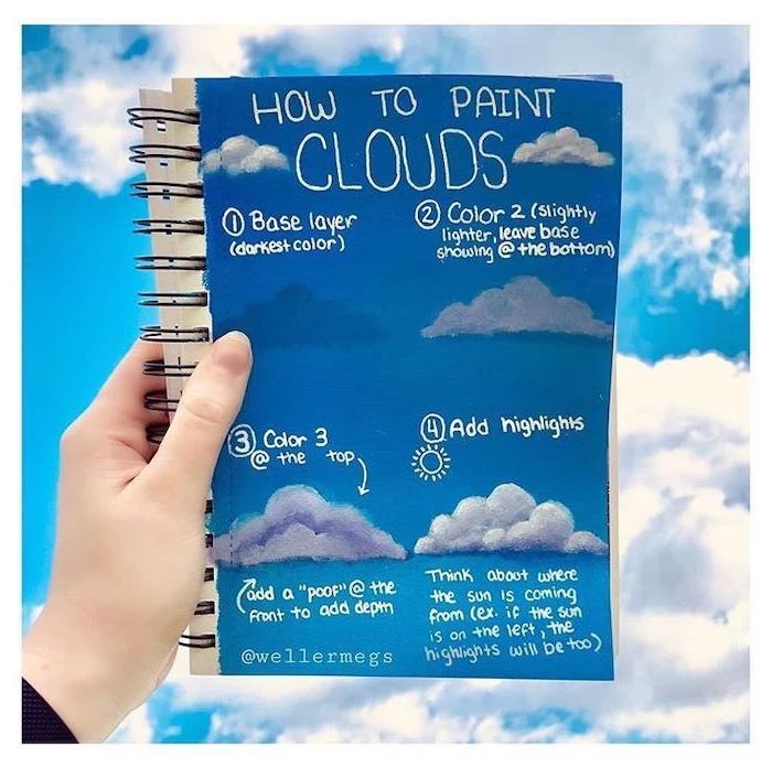 how to paint clouds, explained step by step on a notebook, easy acrylic painting ideas, sky with clouds in the background