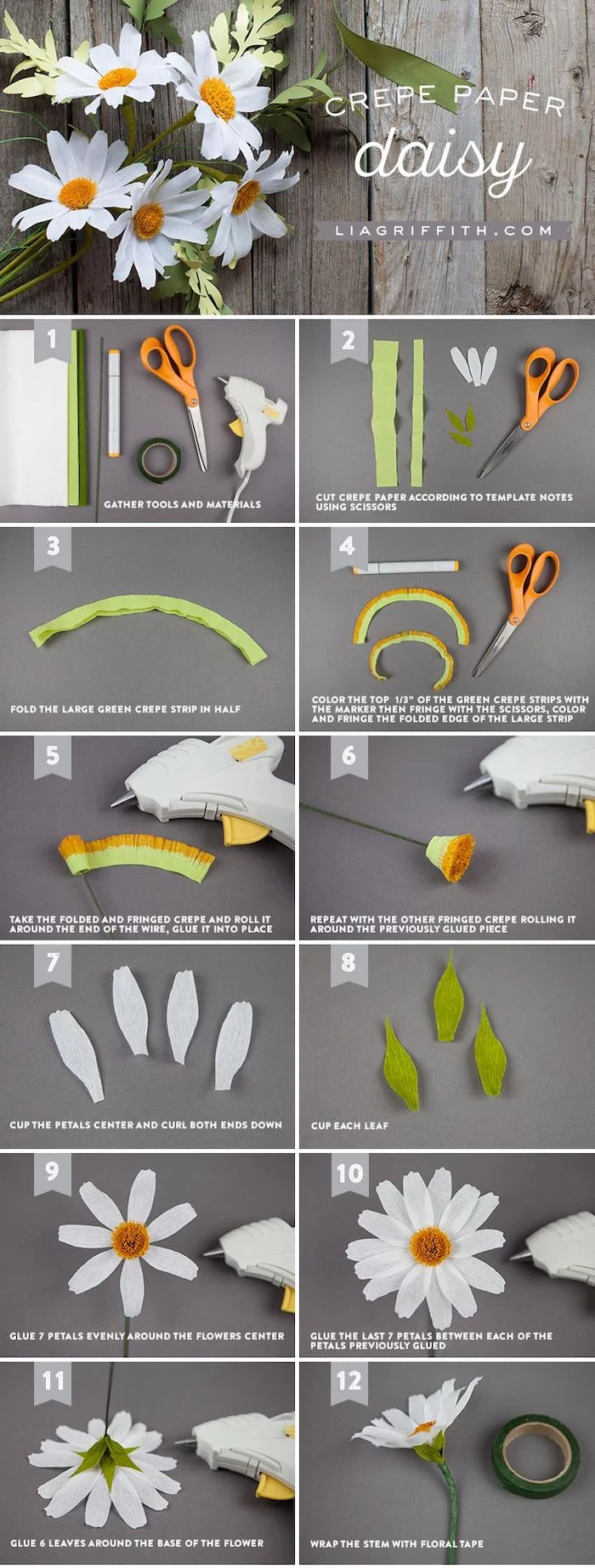 how to make daisies out of crepe paper, photo collage of step by step diy tutorial, paper flower decorations