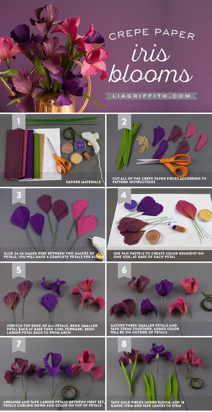 paper flower wall decor, photo collage of step by step diy tutorial, how to make iris blooms out of crepe paper