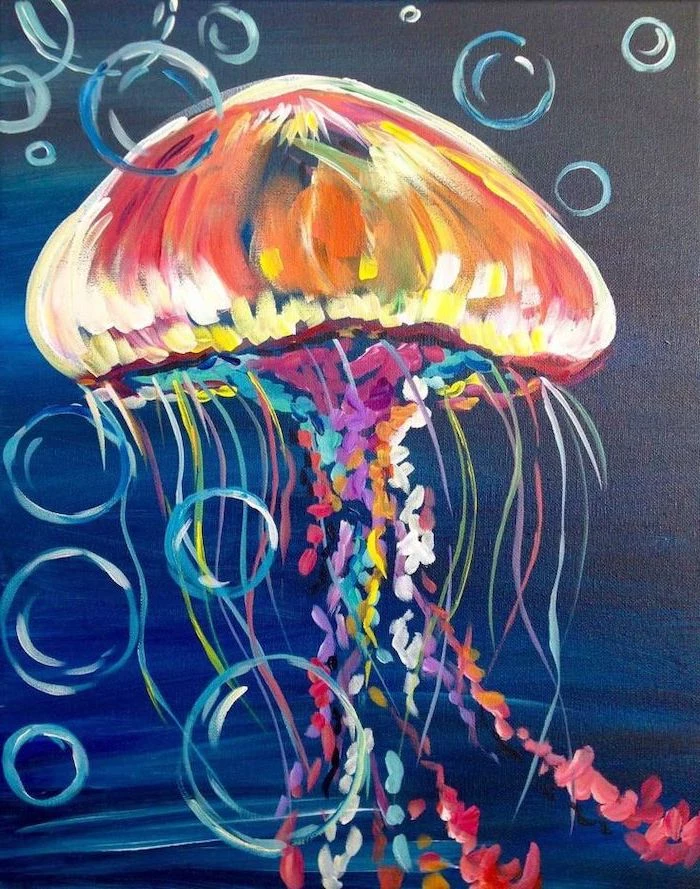 jellyfish painted with different colors, dark blue and black background, easy acrylic painting ideas, water bubbles around it
