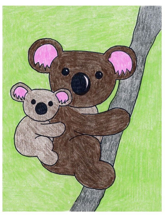 koala and baby koala hanging on tree branch, drawing colored with crayons, easy drawing tutorials