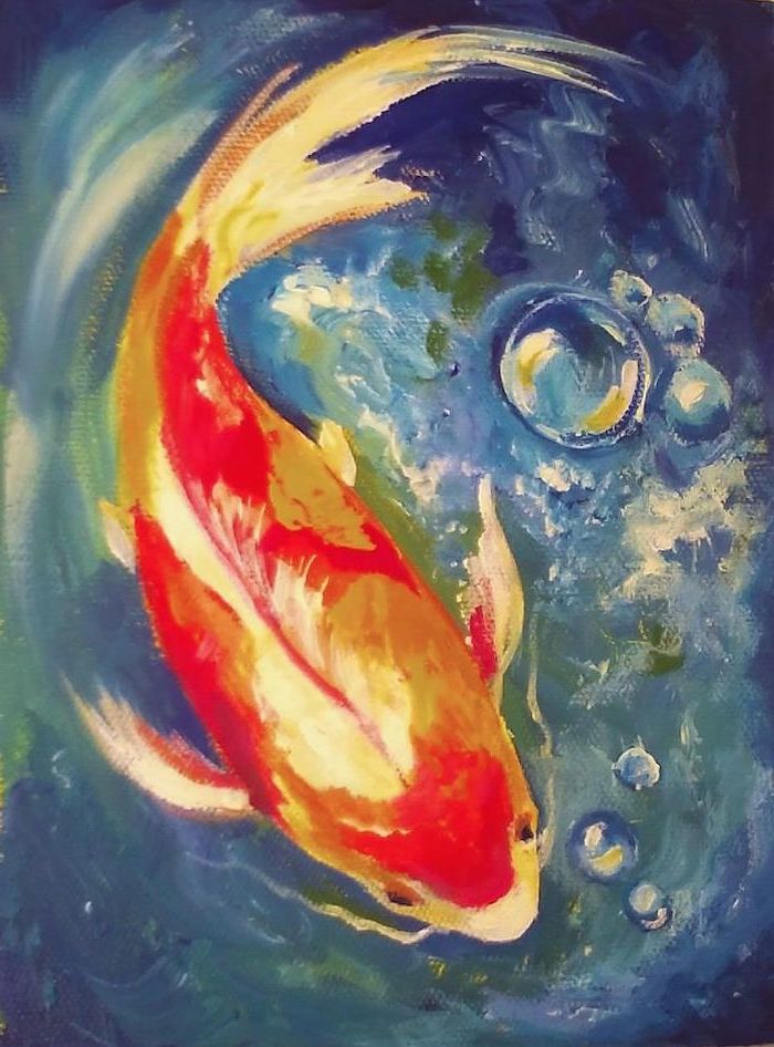 orange and yellow koi fish, swimming in the water, easy acrylic painting ideas, water bubbles around it