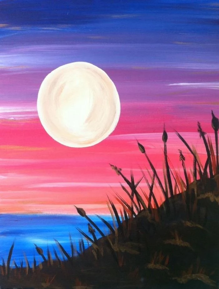 large moon over the ocean, sunset sky in blue pink and purple, easy acrylic painting ideas, weed on the coast line