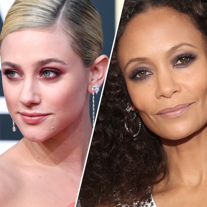 side by side photos, lili reinhart, thandie newton, how to do eyeshadow, orange red eyeshadow colors, purple eyeshadow color