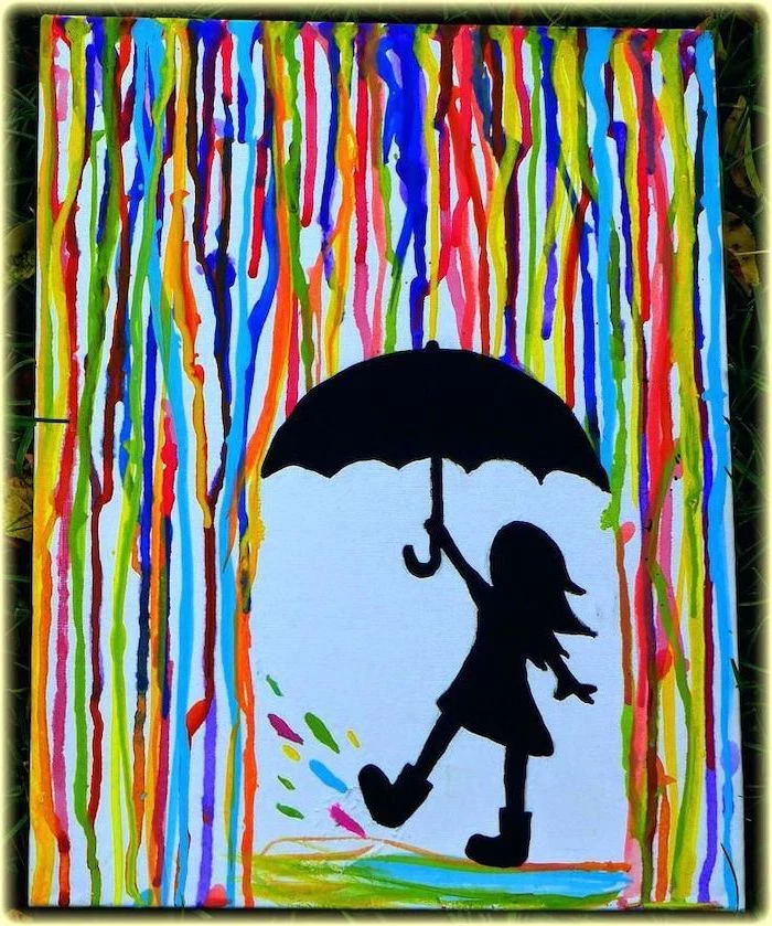 little girl carrying an umbrella, what should i paint, rain painted in different colors, white background