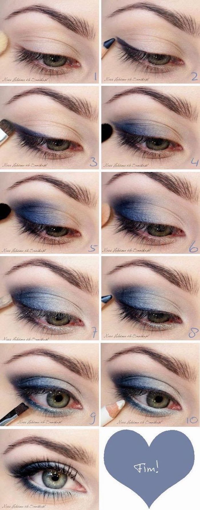 step by step diy tutorial, nude and blue eyeshadow colors, white eyeliner, how to do eyeshadow