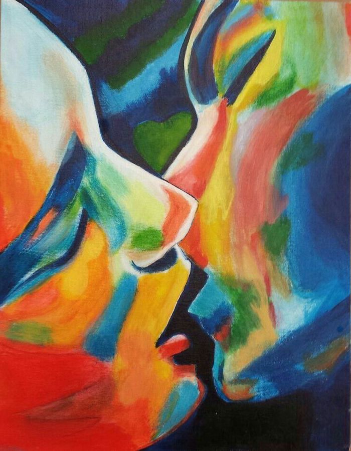 man and woman kissing, what should i paint, faces painted in different colors, dark aesthetic background