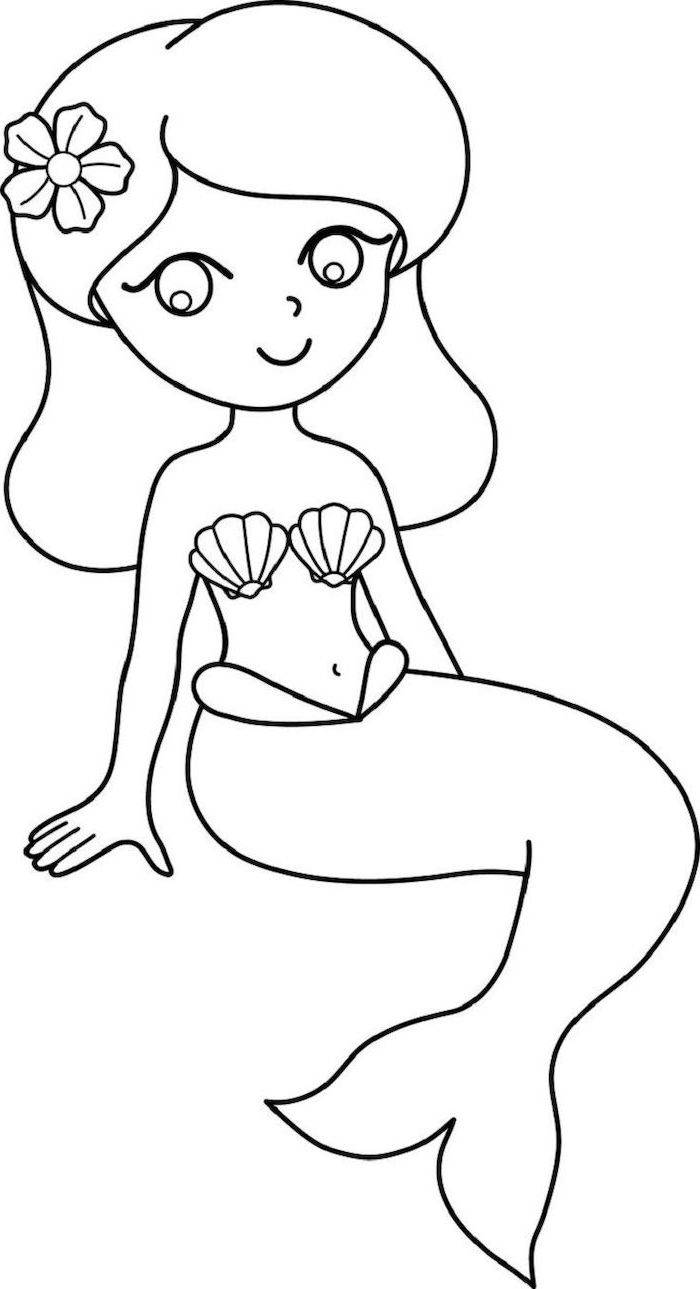  cute cool drawings, mermaid sitting, coloring page, black and white sketch, white background