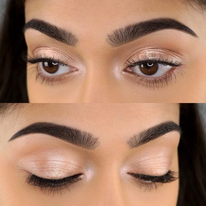 two photos of woman with brown eyes, thick dark eyebrows, how to do makeup, nude eyeshadow color