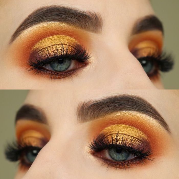 orange and yellow golden eyeshadow colors, how to do makeup, woman with blue eyes, thick dark eyebrows