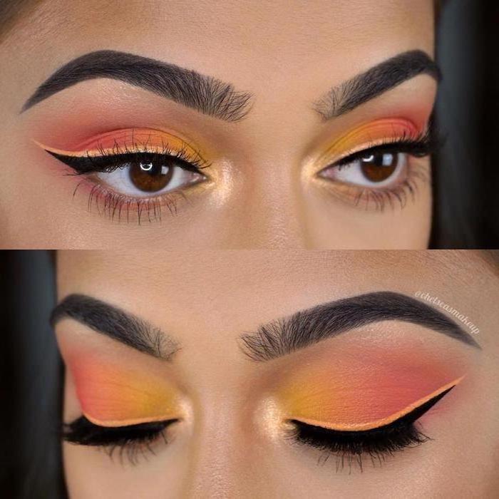 orange and pink eyeshadow colors, black cat eyeliner, on woman with brown eyes, dark thick eyebrows, how to do makeup