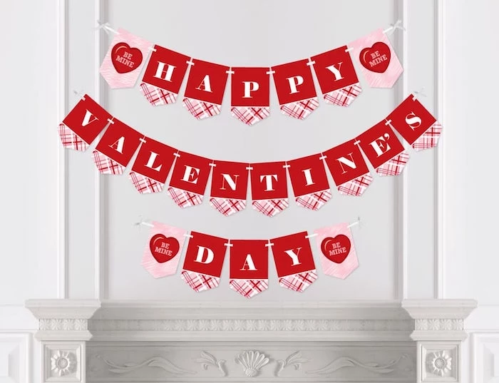 red and pink happy valentine's day banner, valentine lights, hanging on white wall, over white mantel