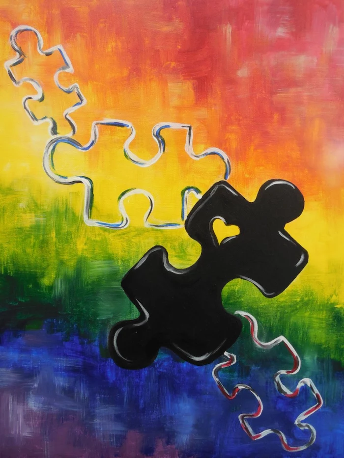 jigsaw puzzle pieces, background painted in colors of the rainbow, what should i paint, red orange yellow green blue and purple