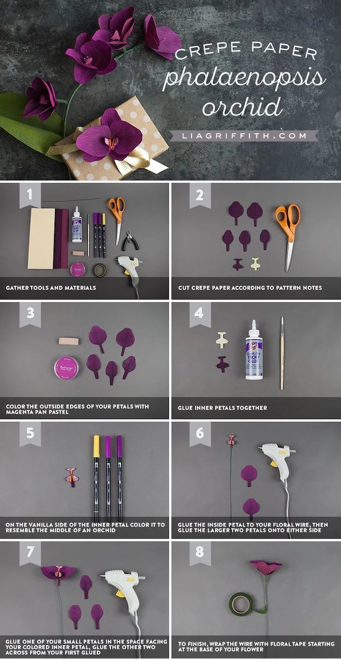 photo collage of step by step diy tutorial, how to make flowers out of tissue paper, how to make and orchid out of crepe paper