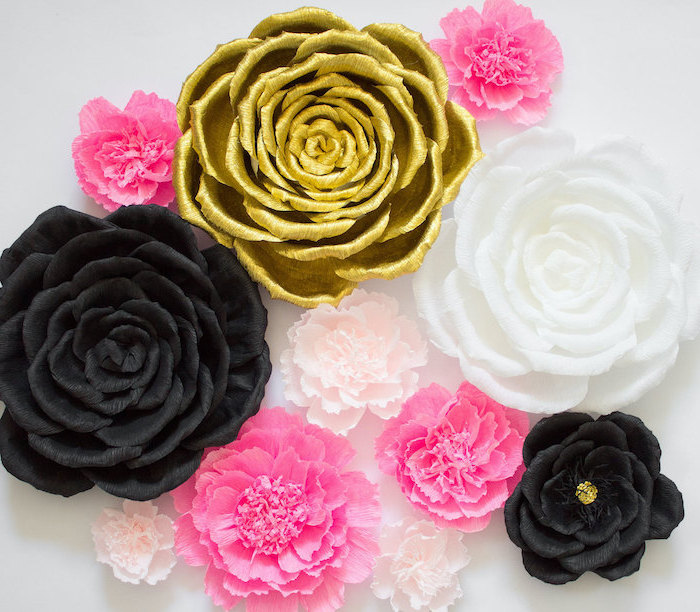 how to make paper flowers easy, white gold pink and black paper flowers, arranged together on white surface