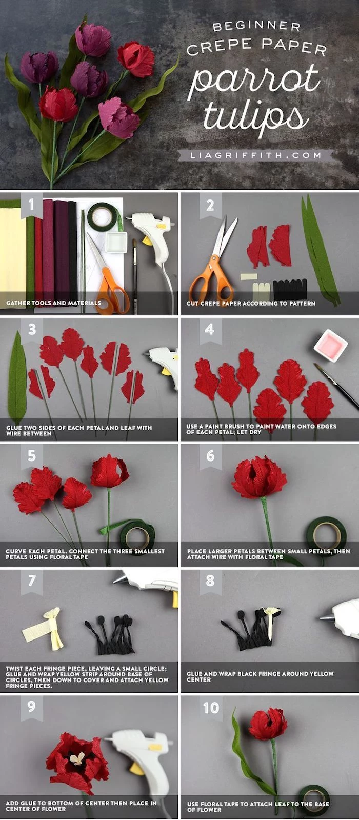 how to make tulips out of crepe paper, how to make paper flowers easy, photo collage of step by step diy tutorial