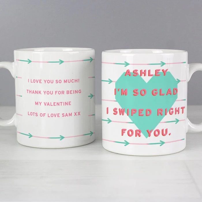 personalised coffee mug, ashley i'm so glad i swiped right for you, romantic valentines gifts for her, placed on white surface