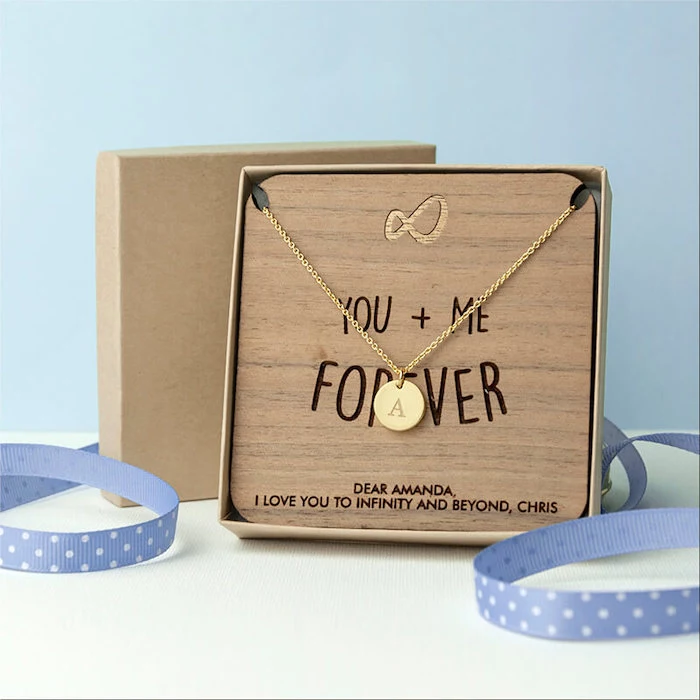 small wooden board with you and me forever, written on it, romantic valentines gifts for her, personalised golden necklace