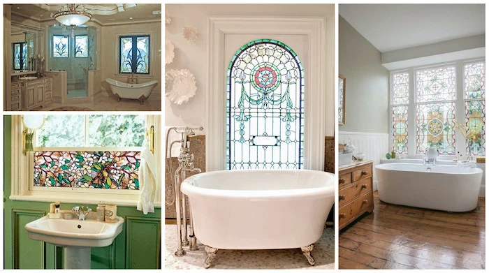 photo collage of four photos of bathrooms, large windows decorated, antique stained glass windows