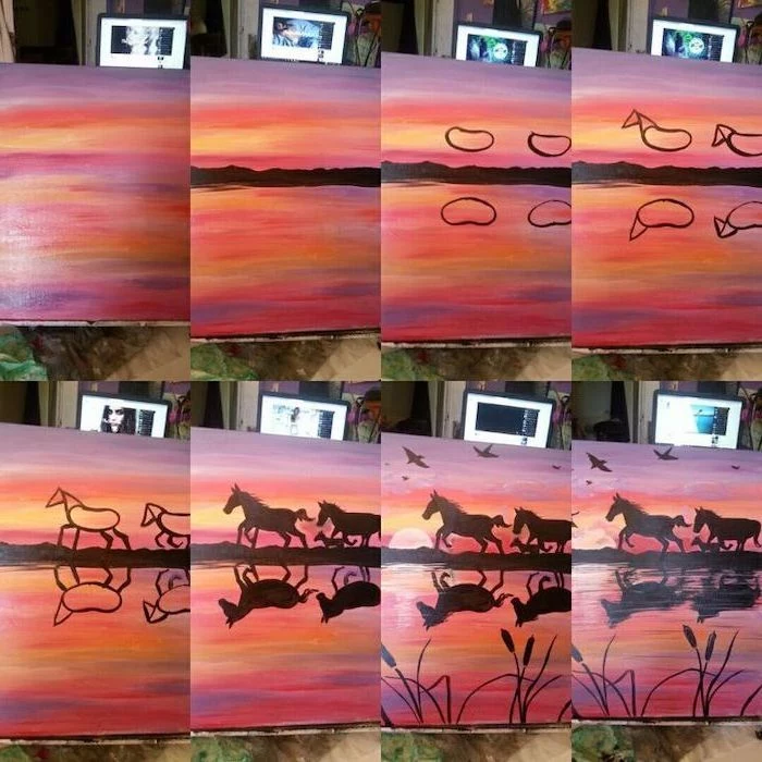 photo collage of step by step diy tutorial, abstract painting ideas, horses running along the sea, sunset sky with birds, how to paint the sea in acrylics