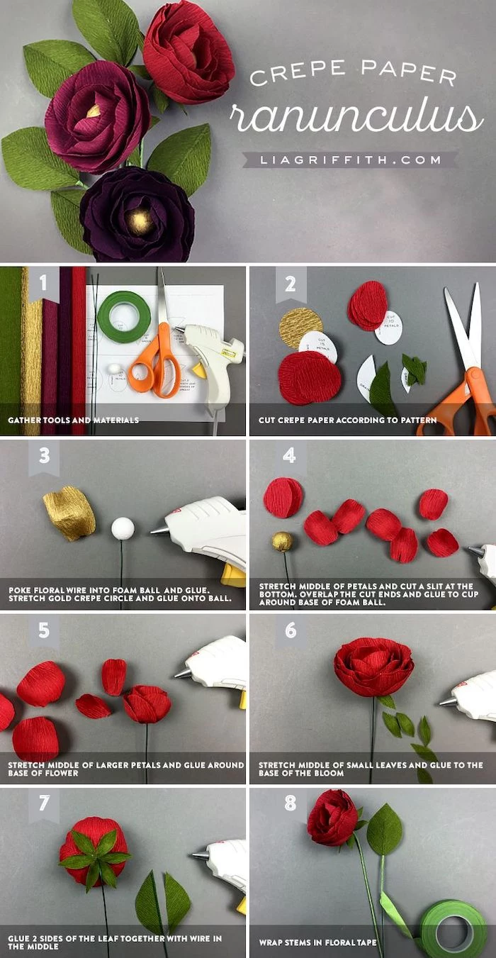 how to make a ranunculus flower out of crepe paper, photo collage of step by step diy tutorial, how to make paper flowers easy