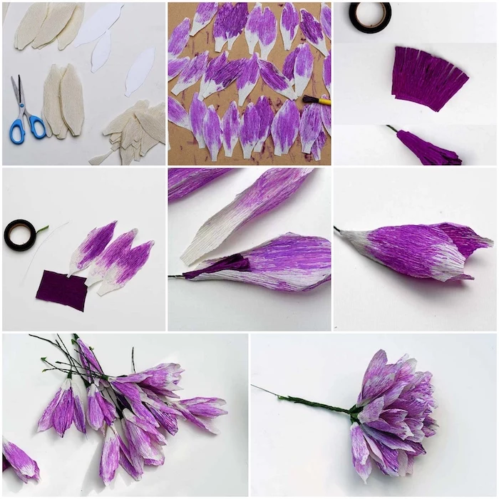 photo collage of a step by step diy tutorial, how to make paper flowers, purple flowers made out of crepe paper